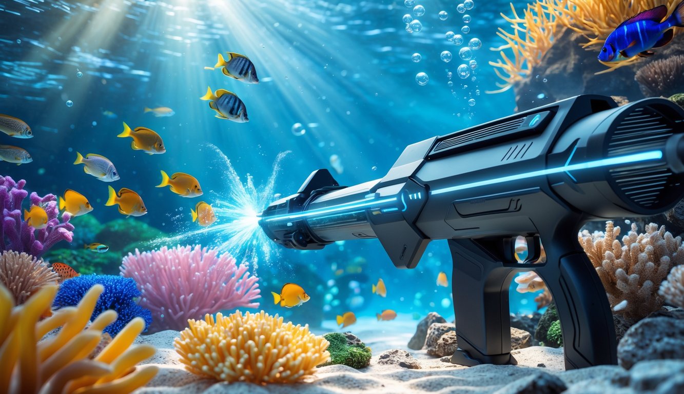 Pemandangan bawah laut dengan terumbu karang berwarna-warni, ikan tropis berenang, dan senjata bawah air futuristik yang menonjol di depan.