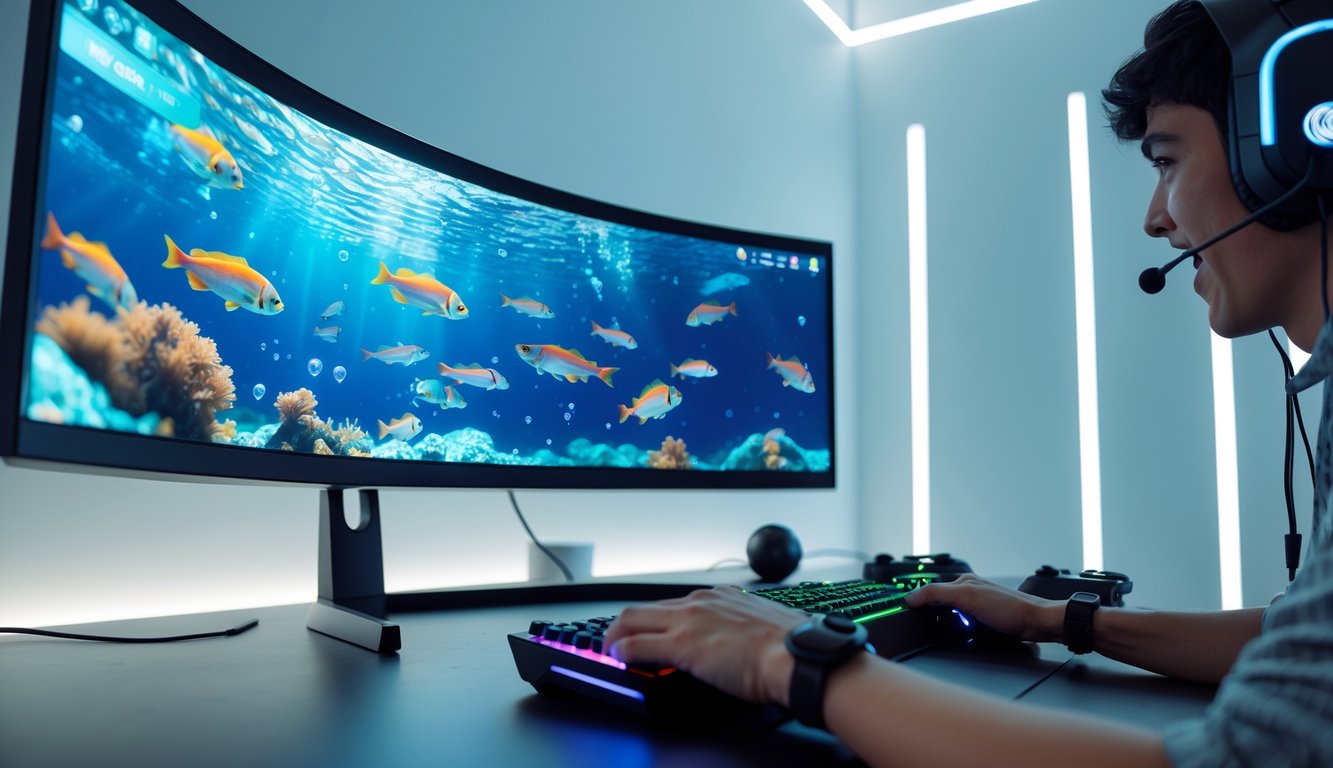 Seorang pemain sedang bermain game menembak ikan 3D di komputer dengan layar besar di ruangan gaming yang terang.