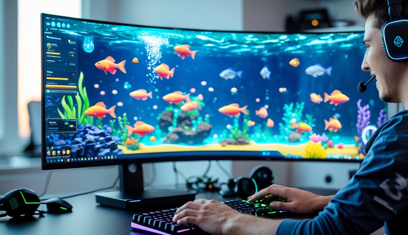 Seseorang sedang bermain game tembak ikan 3D di komputer dengan latar ruangan kantor rumah yang rapi.