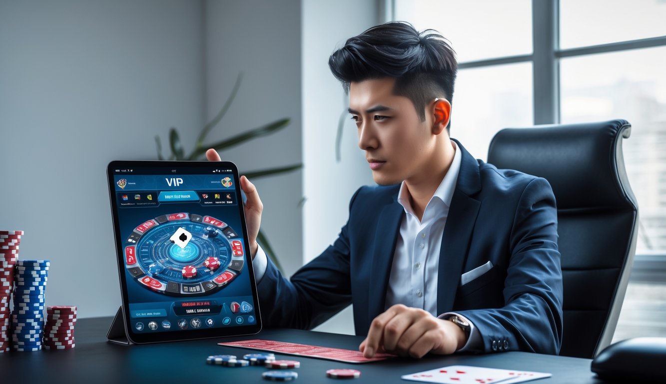 Seorang pria muda duduk di meja modern sambil fokus pada tablet digital dengan elemen permainan kartu di sekitarnya.