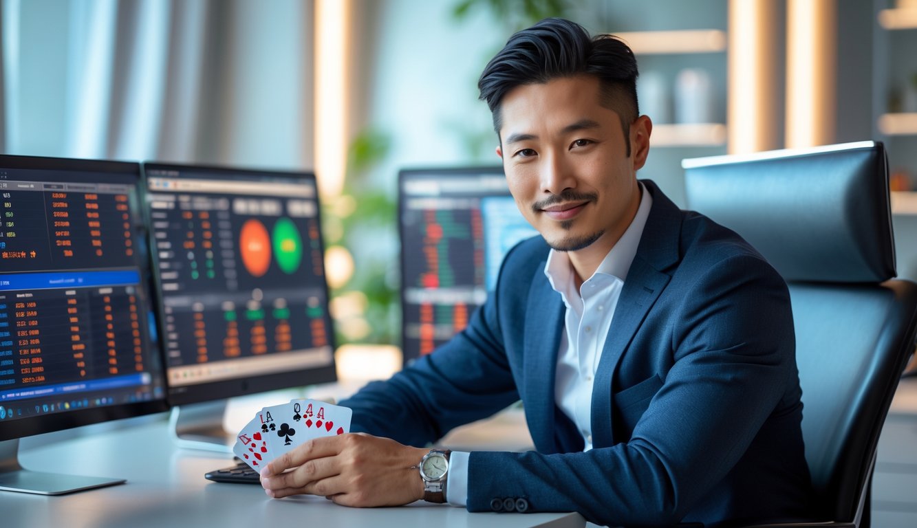 Seorang pria Asia duduk di meja modern dengan beberapa layar komputer yang menampilkan statistik permainan kartu, tampak fokus dan memegang kartu.