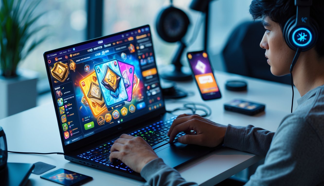 Seorang pemain muda fokus bermain game kartu online di laptop dengan aksesori gaming di meja.