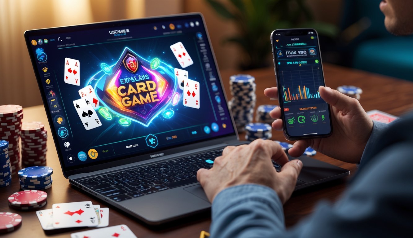 Seorang pemain sedang menggunakan laptop dengan tampilan permainan kartu digital, dikelilingi chip poker dan kartu remi di meja.