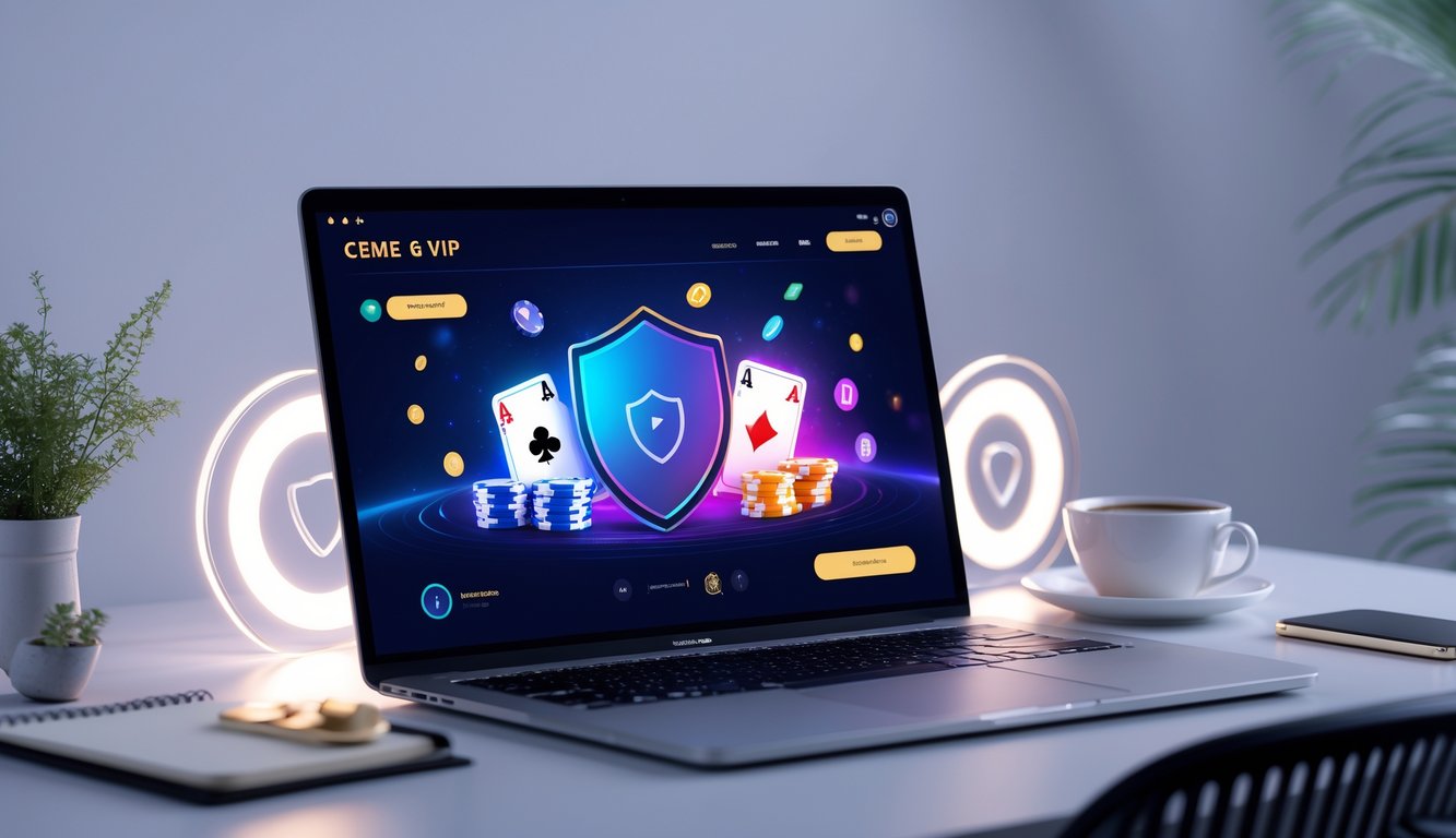 Seseorang sedang menggunakan komputer dengan tampilan permainan kasino online yang mewah dan aman.