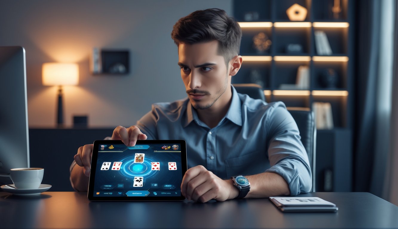 Seorang pria muda duduk di meja modern sambil bermain kartu di tablet dengan latar ruangan yang rapi dan pencahayaan hangat.