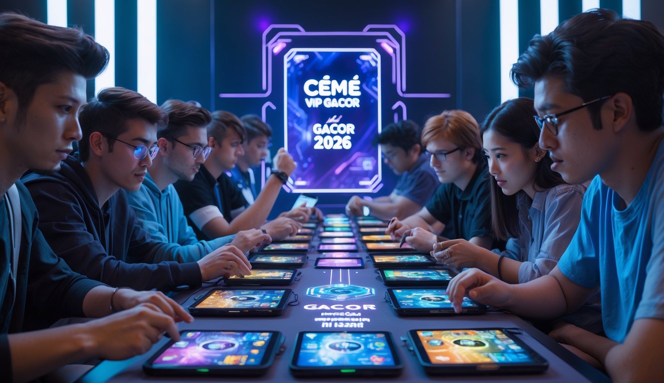 Sekelompok orang muda sedang bermain permainan kartu digital di meja dengan perangkat elektronik di ruang permainan modern.