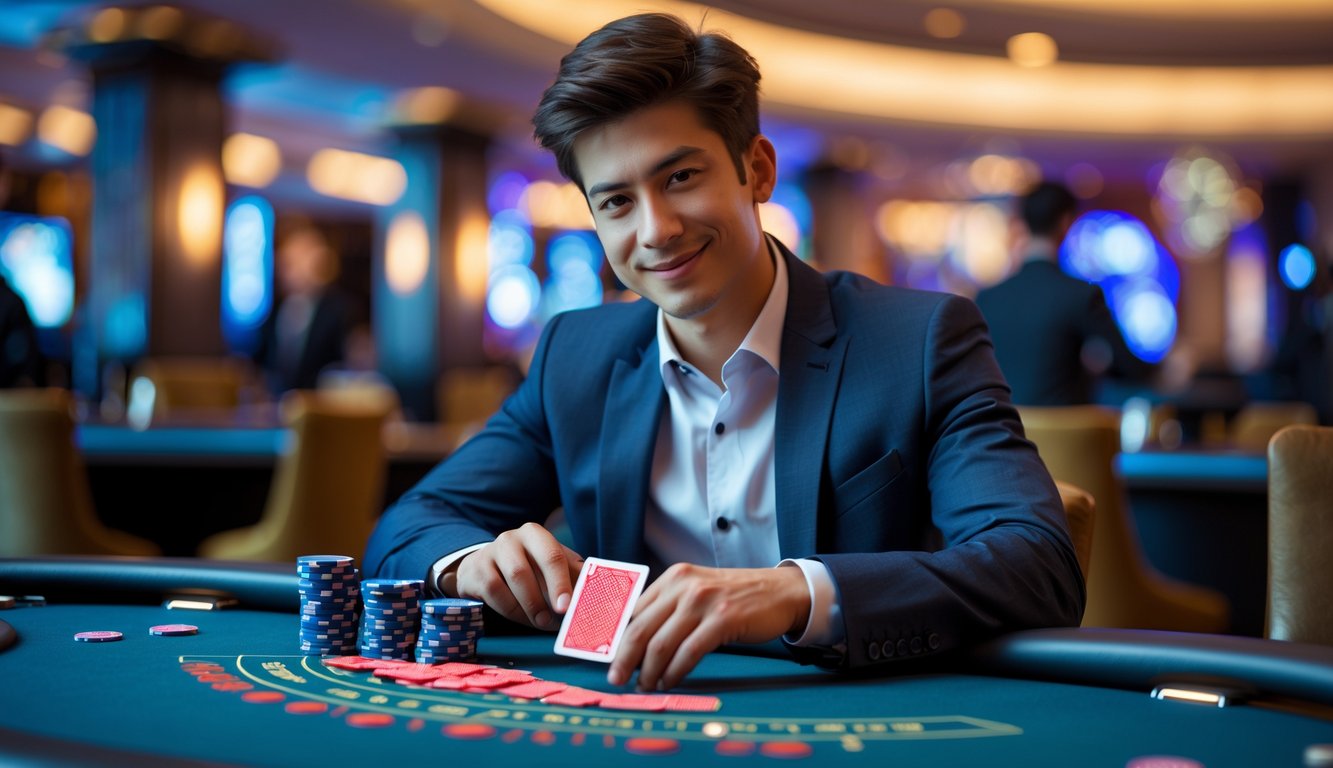 Seorang pria muda duduk di meja permainan kasino dengan kartu dan tumpukan chip di depannya, tampak fokus dan percaya diri.