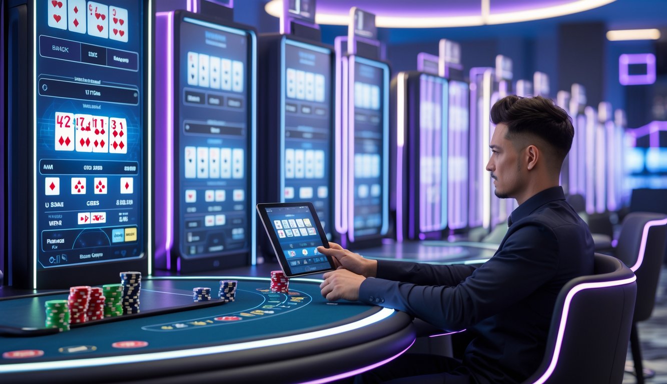 Seorang pemain fokus duduk di meja blackjack digital dengan layar transparan menampilkan kartu dan chip di kasino online.