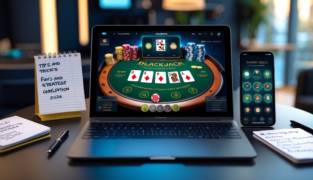 Seorang pemain blackjack online menggunakan laptop dengan kartu dan chip di layar, dikelilingi oleh alat tulis dan smartphone di meja dalam ruangan yang terang.