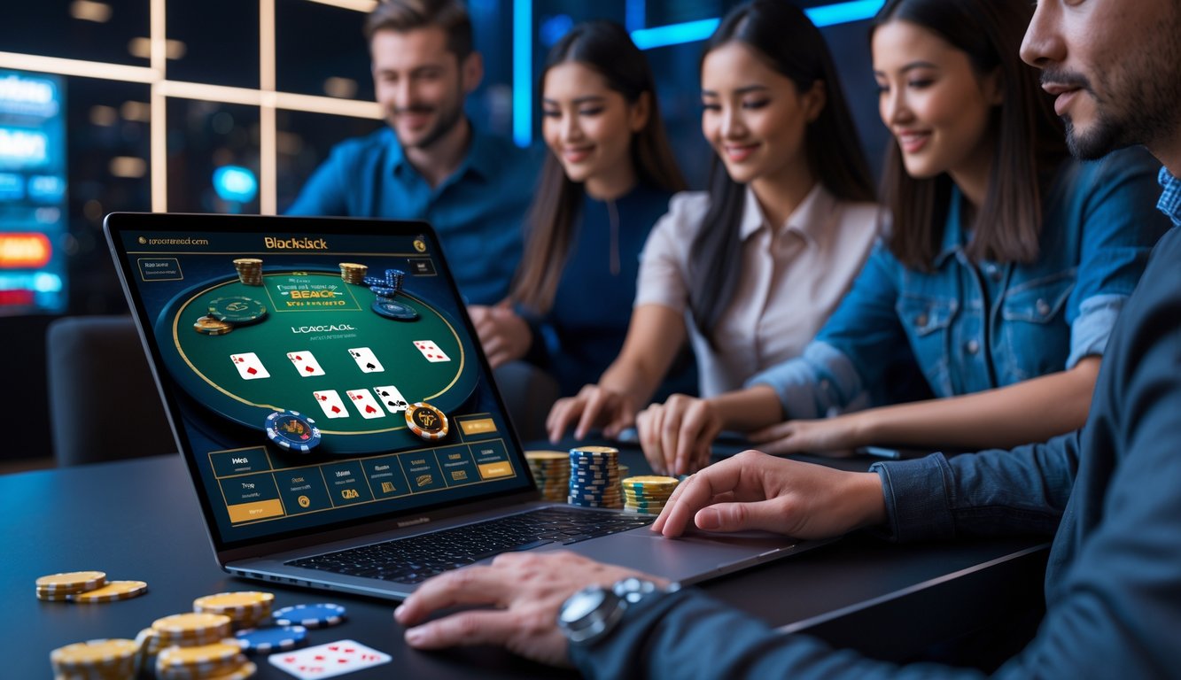 Beberapa orang bermain blackjack online di sebuah ruangan modern dengan perangkat digital dan kartu remi.
