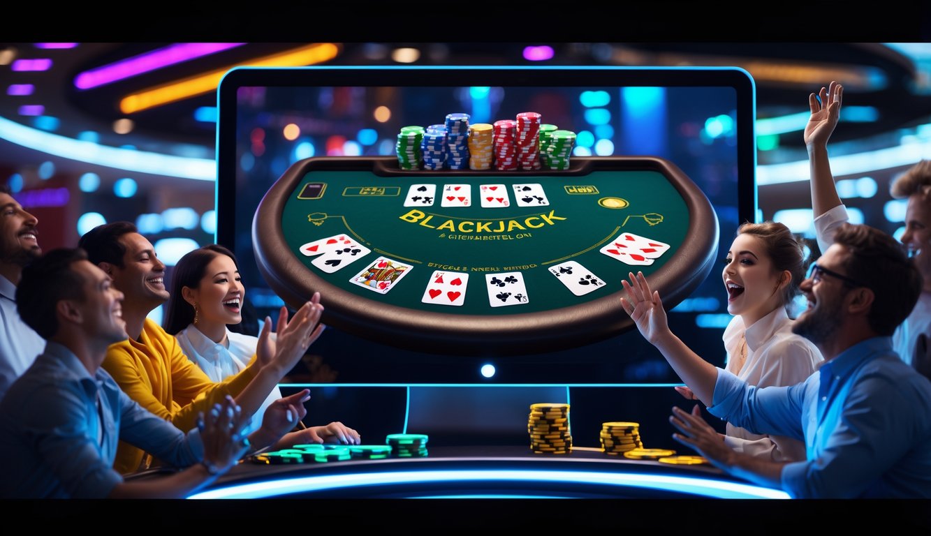 Beberapa pemain yang antusias sedang menonton layar besar menampilkan permainan blackjack online dengan kartu dan chip yang menunjukkan kemenangan.