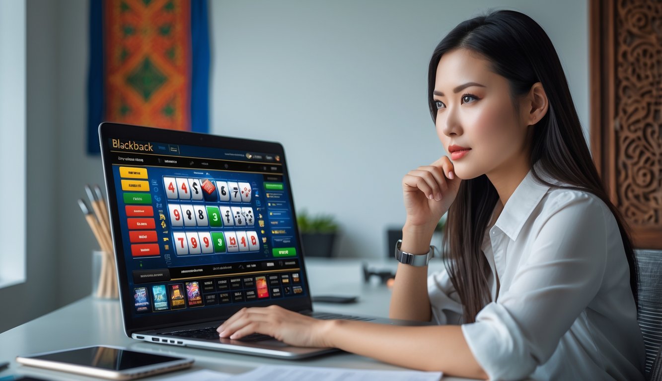 Seorang wanita muda sedang duduk di depan laptop yang menampilkan permainan blackjack online, dengan ekspresi fokus di ruang kerja modern.