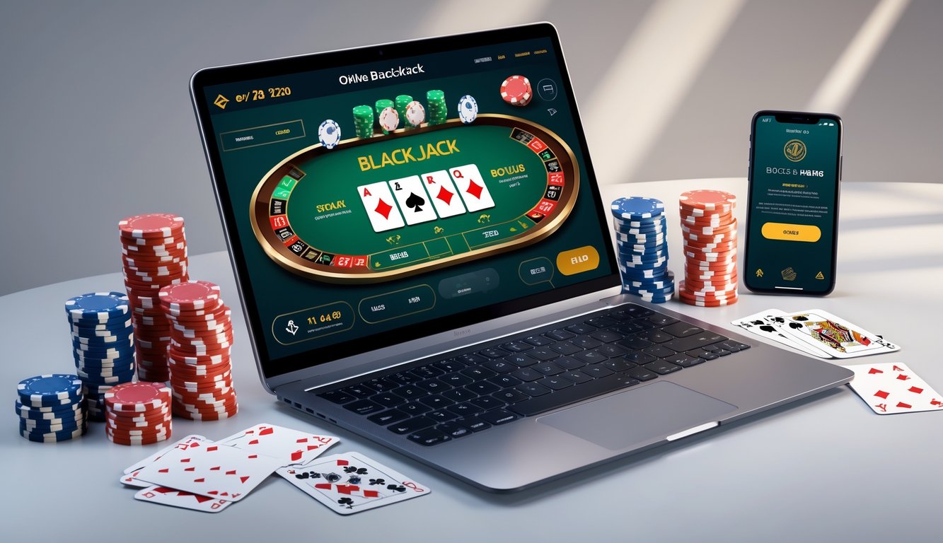 Seorang pemain sedang bermain blackjack online dengan laptop dan chip poker di meja, menunjukkan suasana permainan dan peluang menang.
