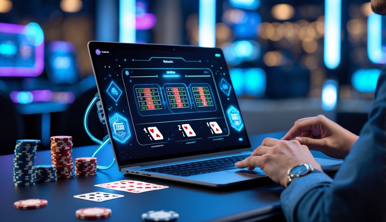 Seorang pemain sedang bermain blackjack online di depan komputer dengan kartu dan chip poker di meja.
