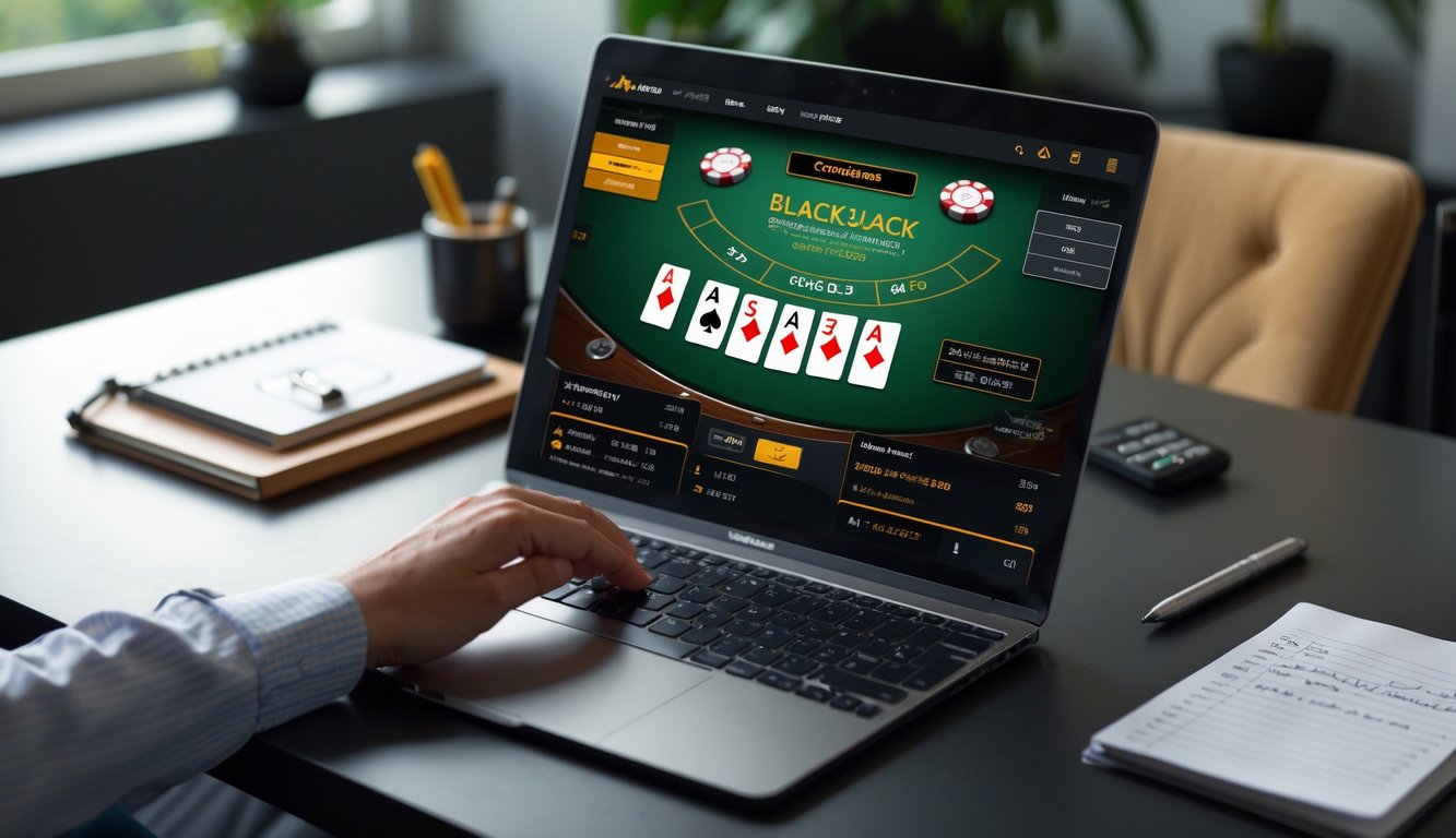 Seorang pemain sedang menggunakan komputer dengan permainan blackjack online di layar, di meja terdapat buku catatan, pena, dan kalkulator.