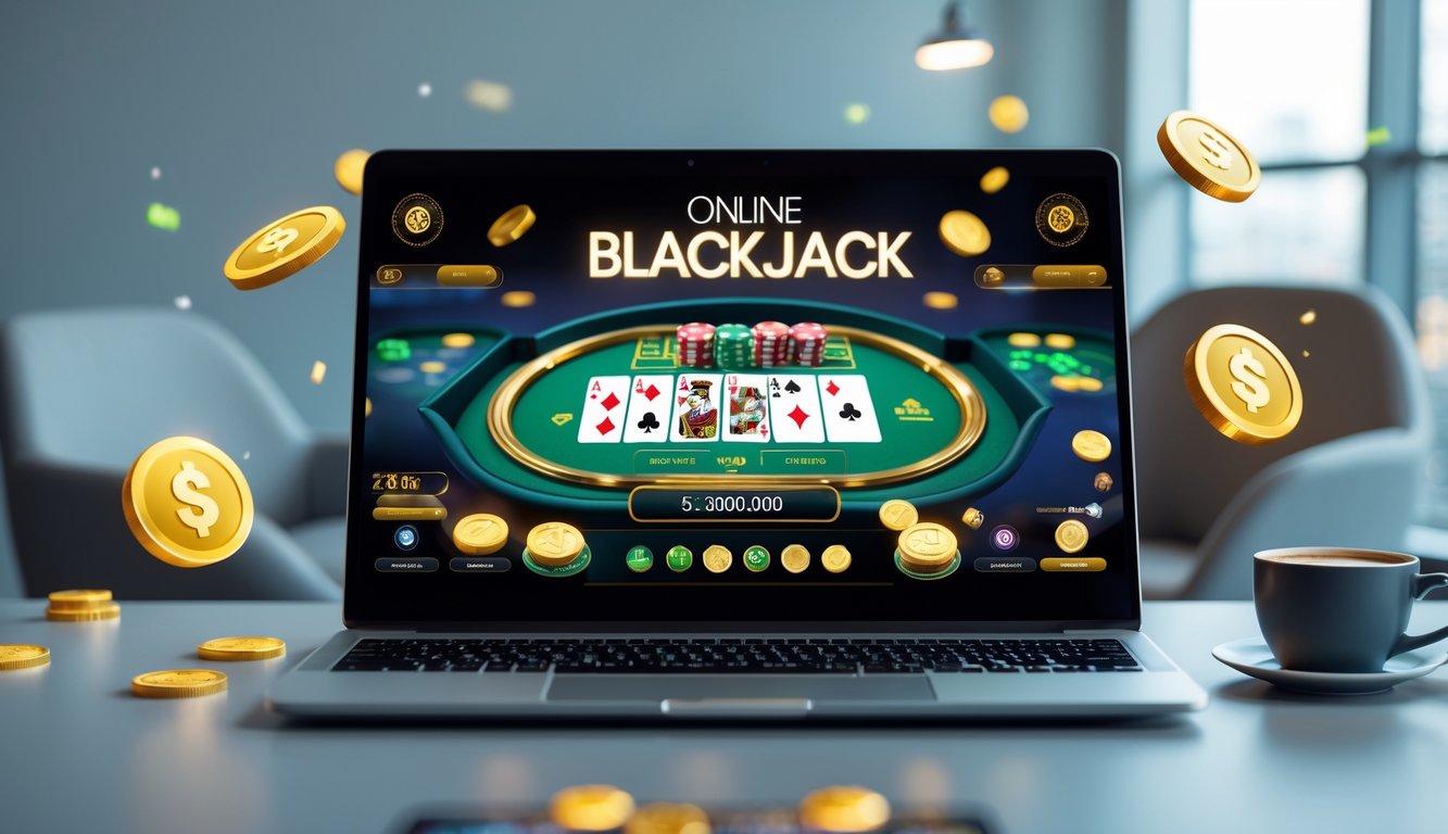 Seorang pengguna sedang bermain blackjack online di komputer dengan chip dan kartu terlihat di layar, di ruang kerja yang bersih dan terang.