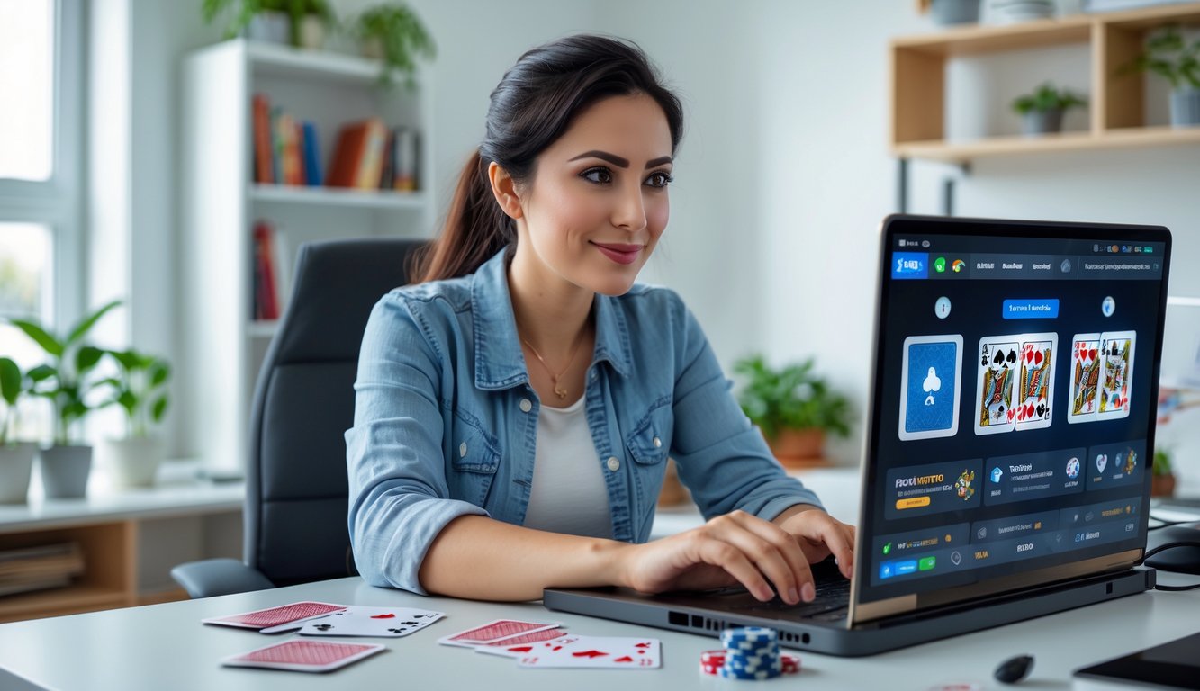 Seorang wanita muda duduk di meja kerja dengan laptop, bermain permainan kartu online di rumah yang nyaman.