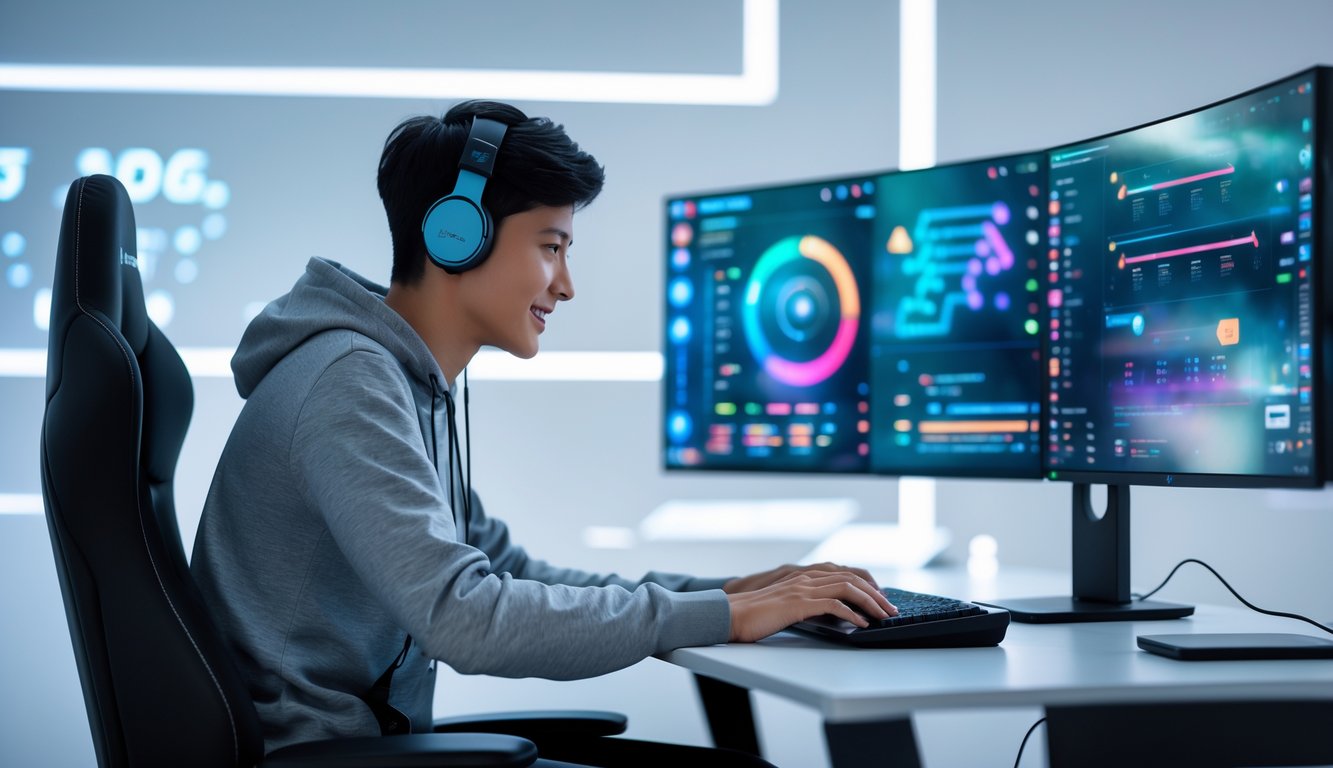 Seorang pemain sedang fokus bermain game online di depan beberapa layar komputer dengan tampilan strategi dan grafik yang berwarna-warni.