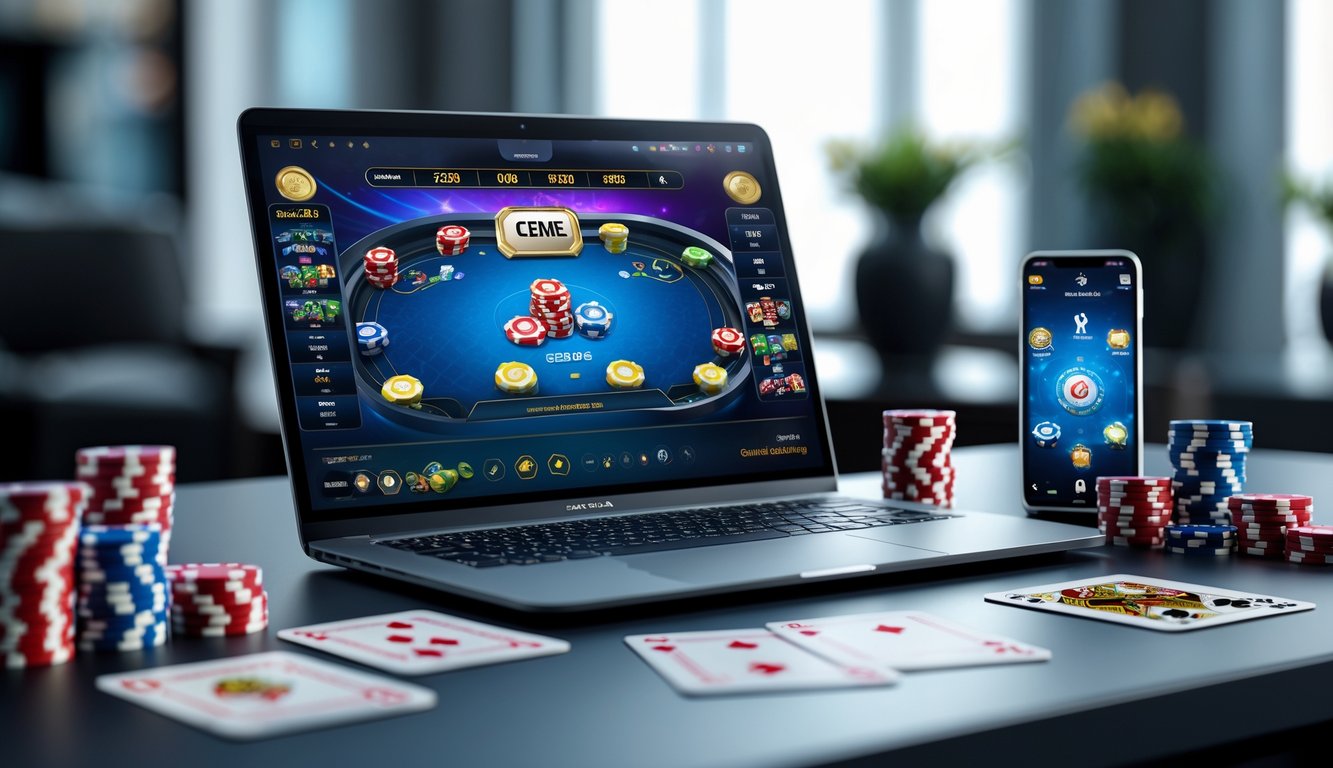 Meja kerja modern dengan laptop yang menampilkan permainan kartu online, dikelilingi oleh chip poker dan kartu bermain.