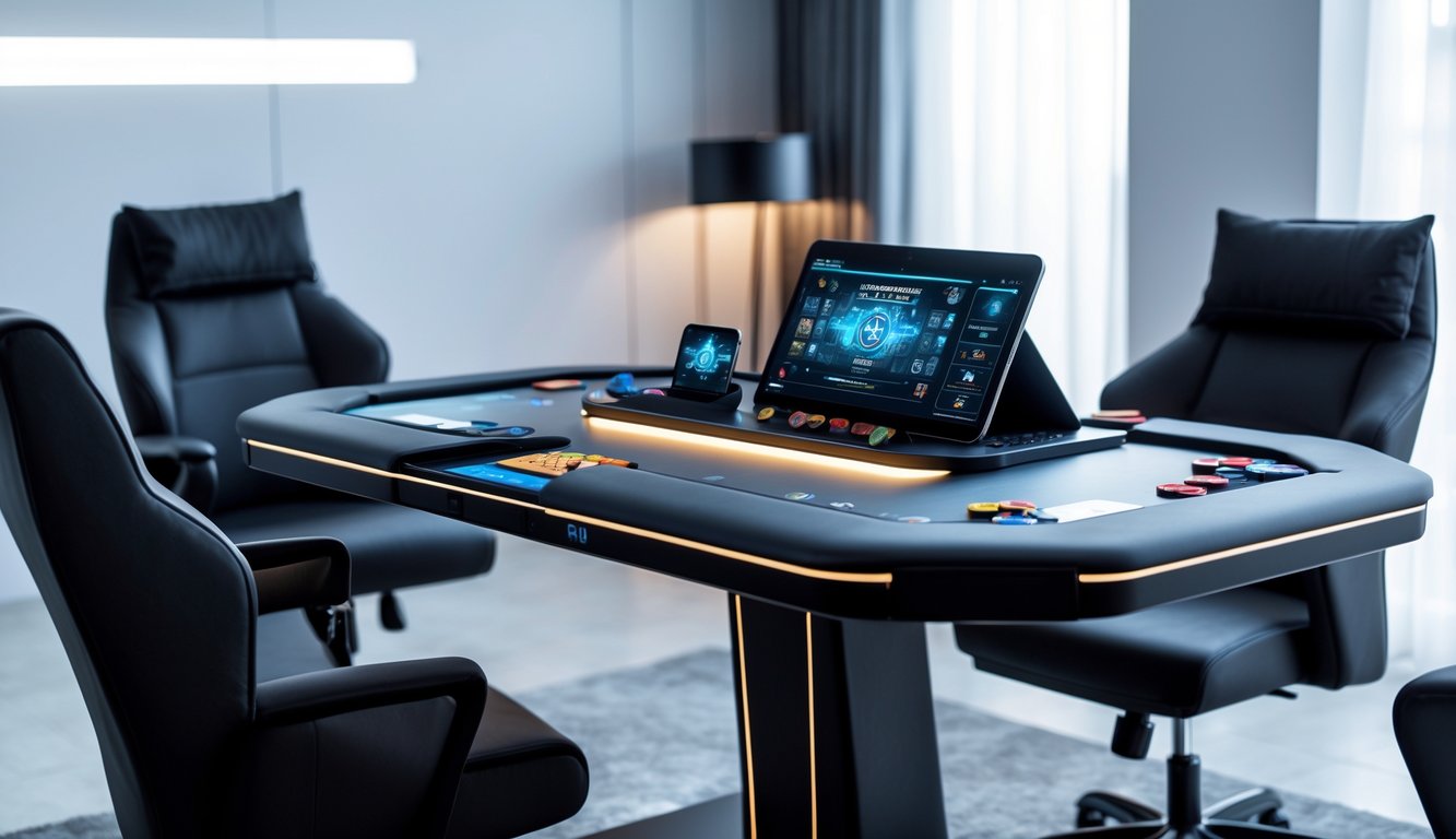 Meja permainan modern dengan perangkat digital dan kursi nyaman di ruangan yang terang.