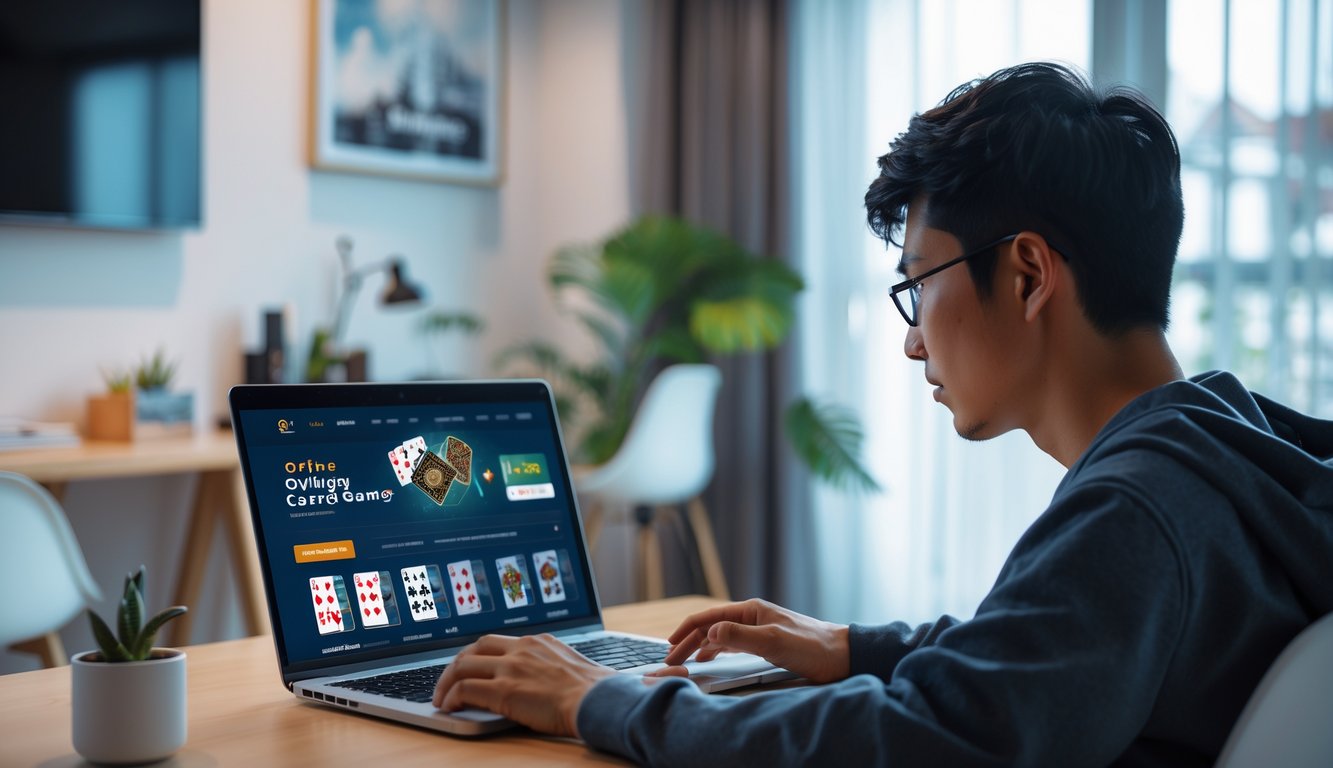 Seorang orang Indonesia sedang menggunakan laptop di ruang kerja modern dengan pencahayaan alami, fokus pada permainan kartu online.