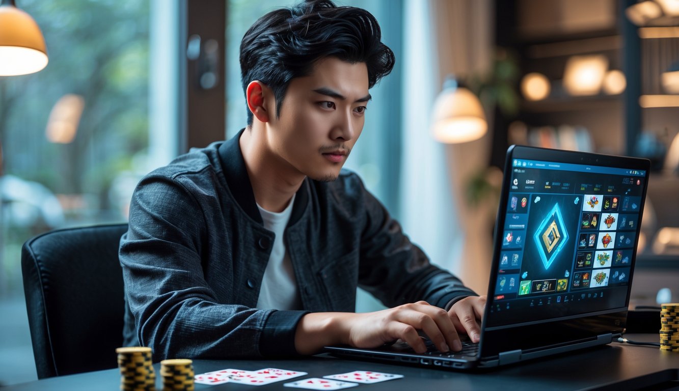 Seorang pria muda duduk di meja dengan laptop, fokus bermain permainan kartu online di ruangan yang nyaman.