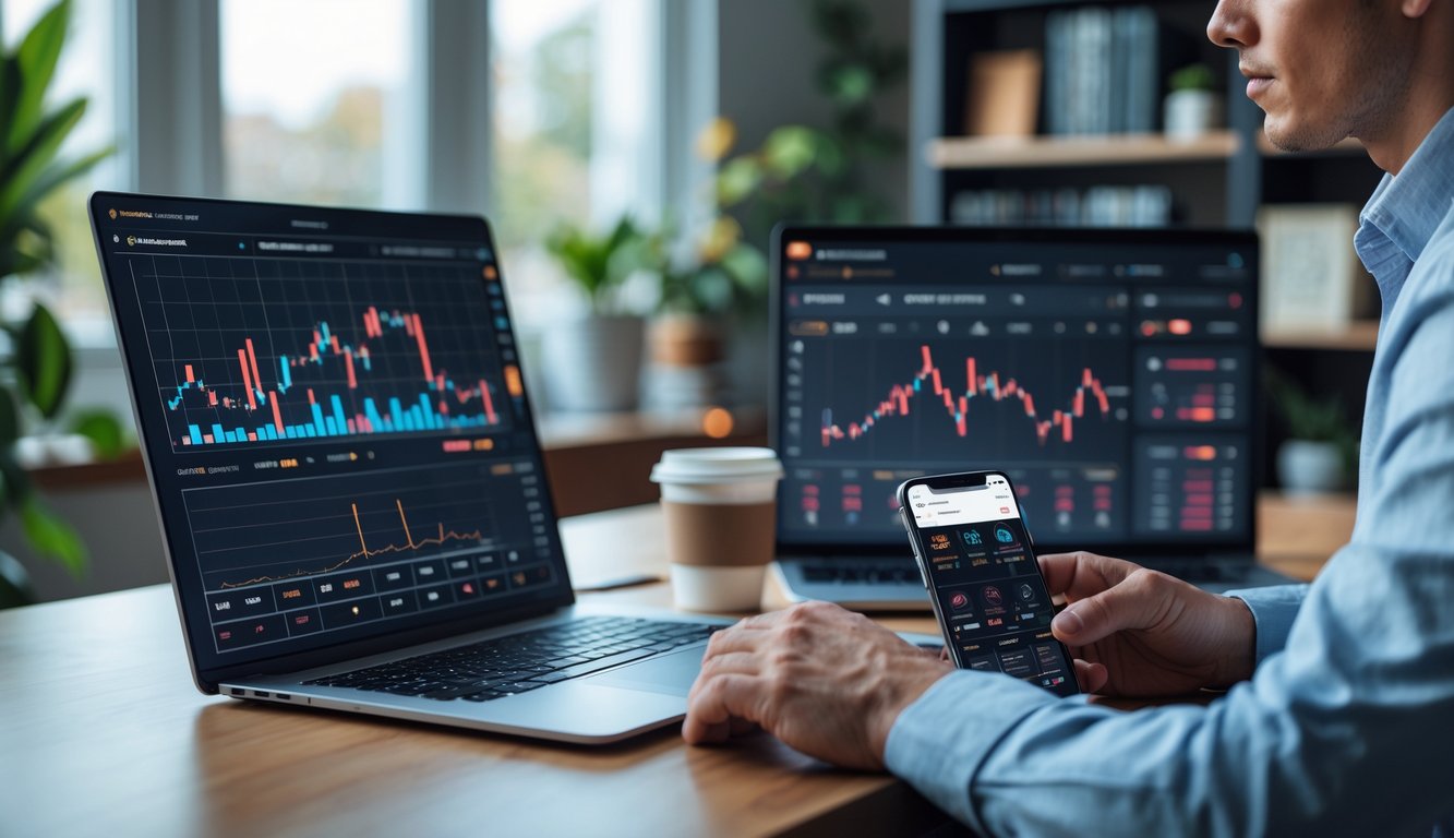 Seorang dewasa muda sedang menganalisis data di laptop dan smartphone di ruang kerja rumah yang nyaman.