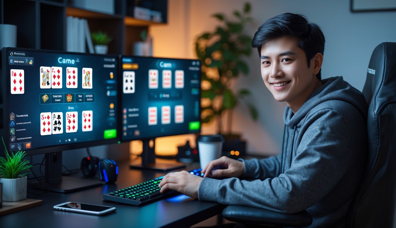 Seorang dewasa muda duduk di meja kerja dengan dua monitor yang menampilkan permainan kartu digital, tersenyum dan menggunakan mouse di ruangan yang rapi dan nyaman.