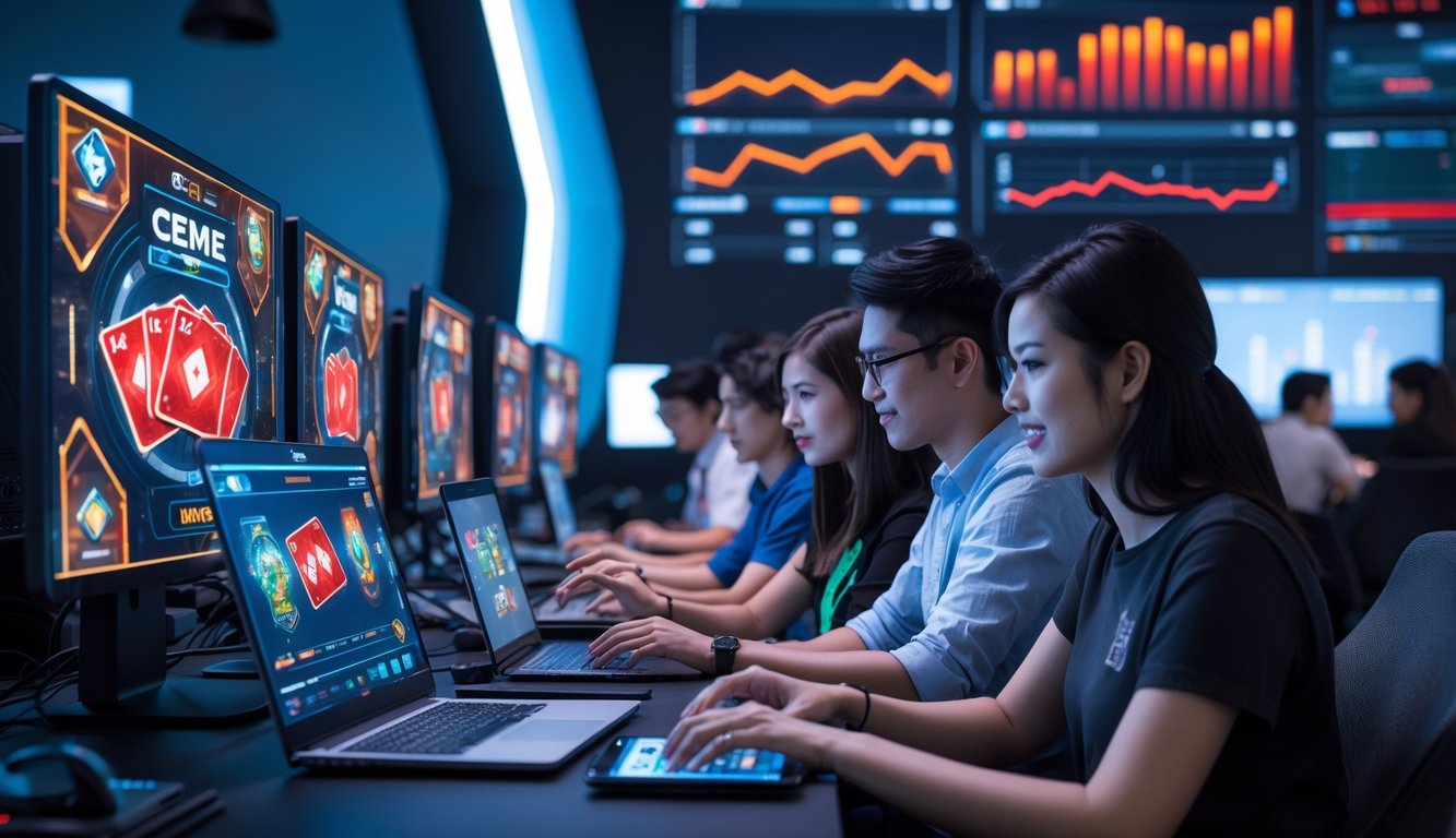 Sekelompok orang muda sedang bermain game kartu online di sebuah ruangan modern dengan beberapa perangkat digital.