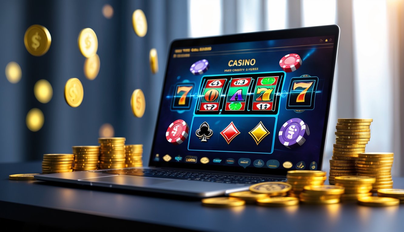 Sebuah laptop menampilkan situs kasino online dengan chip poker, kartu, dan koin di sekitarnya dalam suasana mewah dan modern.