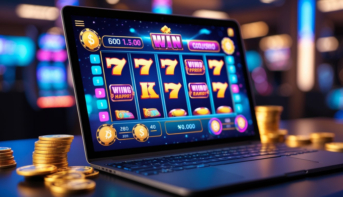 Sebuah layar komputer menampilkan permainan slot online dengan simbol kemenangan dan koin digital di sekitarnya.