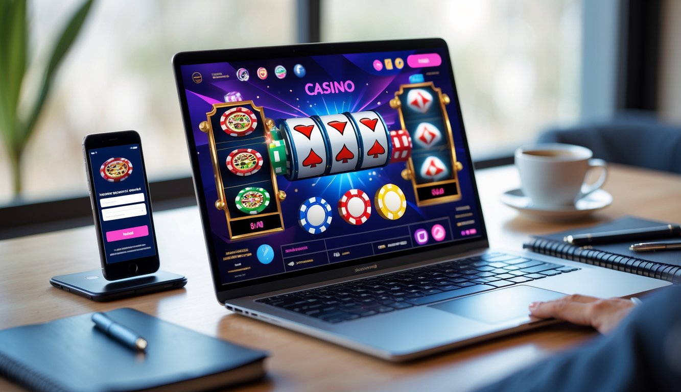 Meja kerja dengan laptop yang menampilkan permainan kasino online, ponsel dengan halaman login aman, dan alat tulis di sekitarnya.
