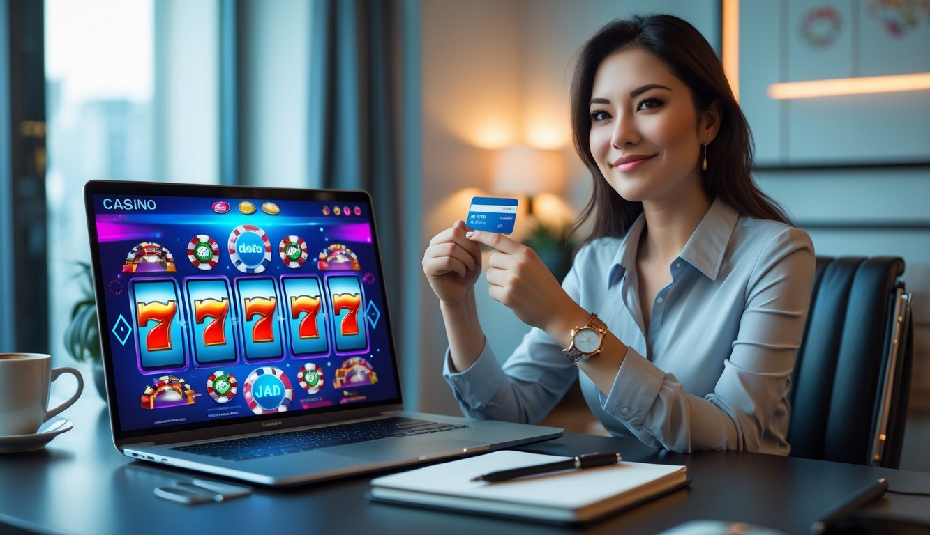 Seorang wanita muda duduk di meja dengan laptop dan smartphone, tampak fokus dan percaya diri menggunakan bonus di kasino online.