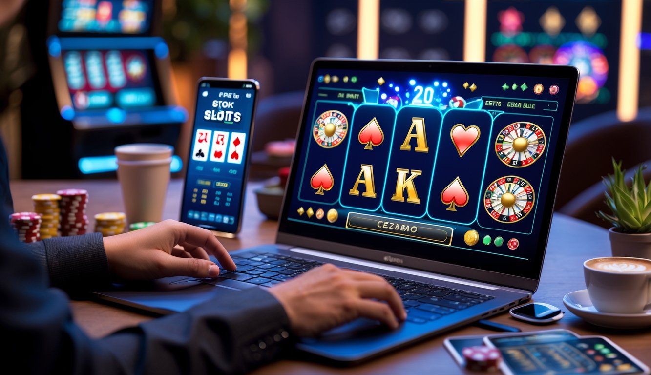 Seorang pemain sedang menggunakan komputer dengan tampilan permainan slot, poker, dan roulette online di meja kerja yang rapi.