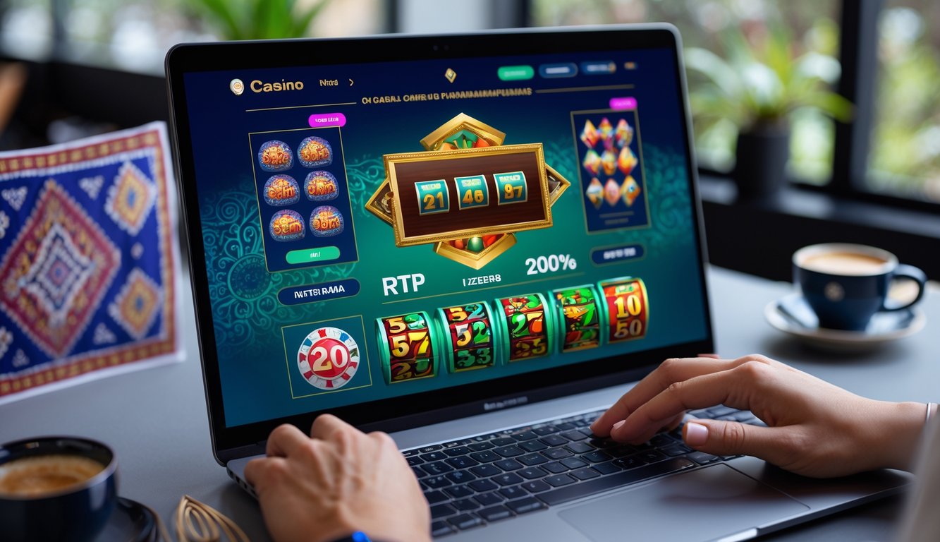 Seorang pemain dewasa menggunakan laptop dengan tampilan permainan kasino online yang berwarna-warni di meja kerja yang rapi.