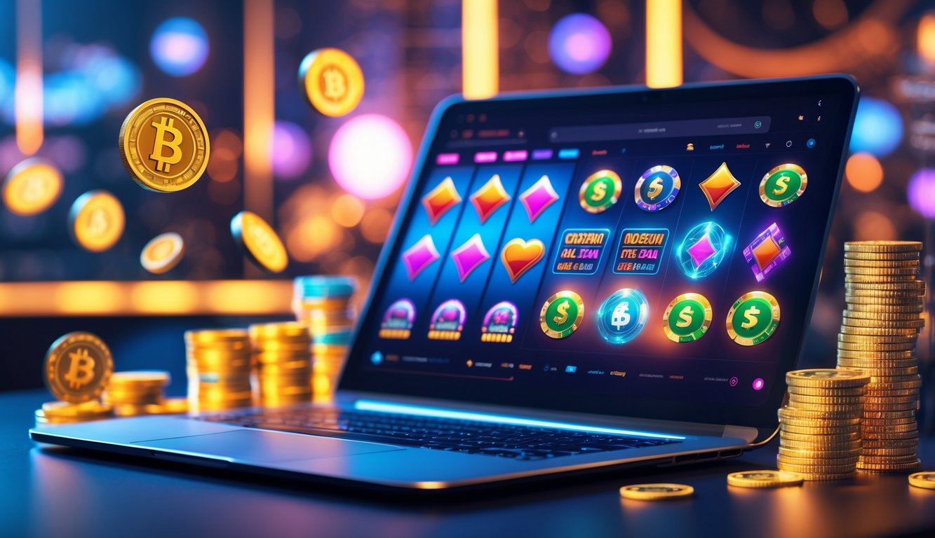 Sebuah komputer modern menampilkan permainan kasino online dengan grafik warna-warni dan elemen mata uang digital di sekitarnya.