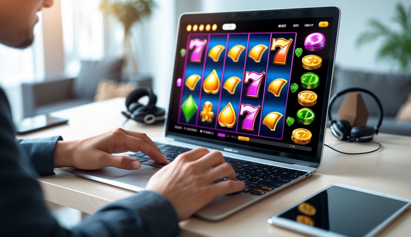 Seorang pengguna sedang bermain slot online di komputer dengan latar ruangan yang nyaman dan peralatan teknologi di sekitar.