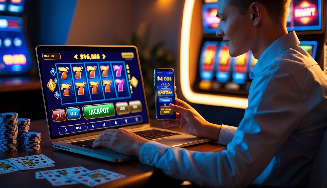 Seseorang sedang bermain slot online di laptop dengan suasana ruangan yang nyaman dan elemen kasino di sekitarnya.