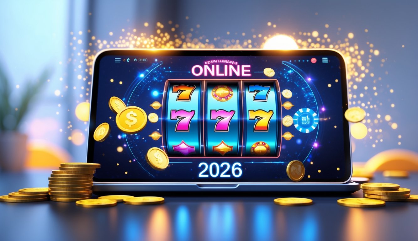 Seseorang menggunakan perangkat digital dengan tampilan mesin slot online yang berwarna-warni dan simbol dinamis, dikelilingi koin dan chip yang berkilau.