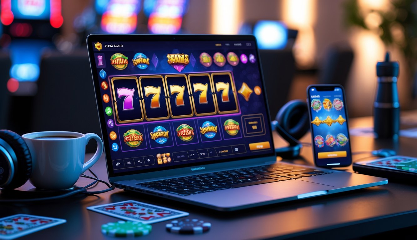 Meja kerja modern dengan laptop yang menampilkan permainan slot online dan beberapa aksesori permainan di sekitarnya.