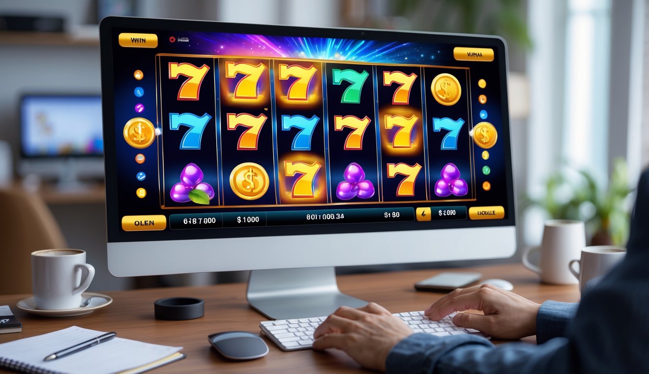 Seorang pengguna komputer sedang bermain permainan slot online dengan layar menampilkan gulungan slot berwarna cerah di ruang kerja yang rapi.