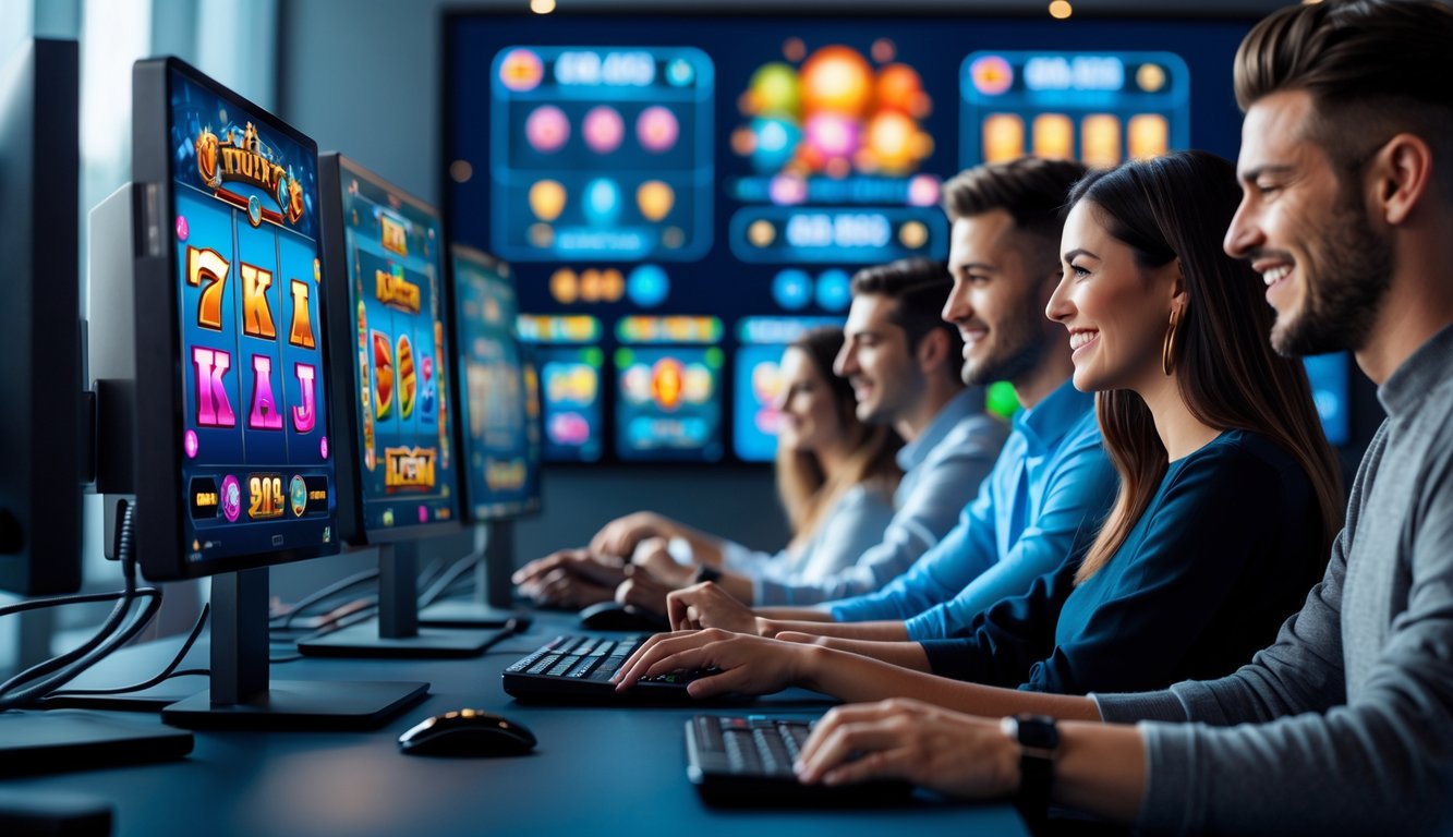 Orang-orang menggunakan komputer dengan tampilan permainan slot online berwarna-warni di layar dalam suasana kerja yang modern dan terang.