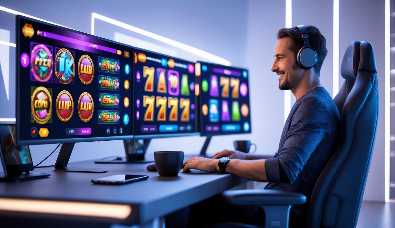 Seorang pemain dewasa duduk di depan beberapa monitor menampilkan permainan slot online yang berwarna-warni dan menarik, dengan suasana ruangan yang terang dan modern.