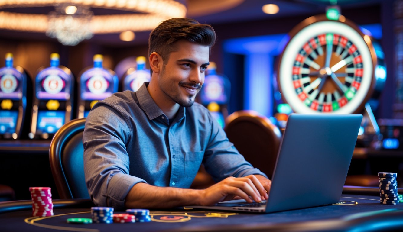 Seorang pria muda duduk di meja kasino dengan laptop, dikelilingi chip poker dan kartu remi, tampak fokus dan tersenyum.
