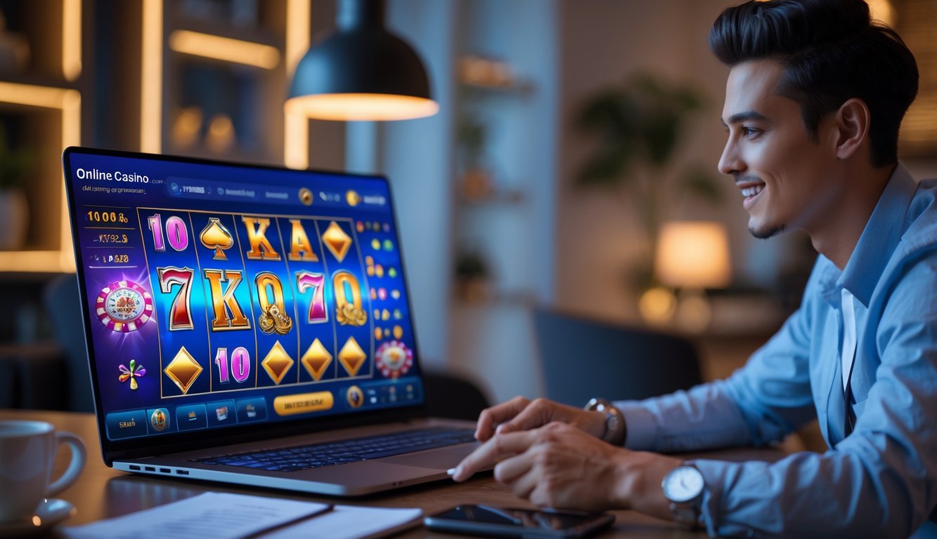 Seorang dewasa muda sedang fokus bermain kasino online di komputer dengan latar ruang tamu yang nyaman.