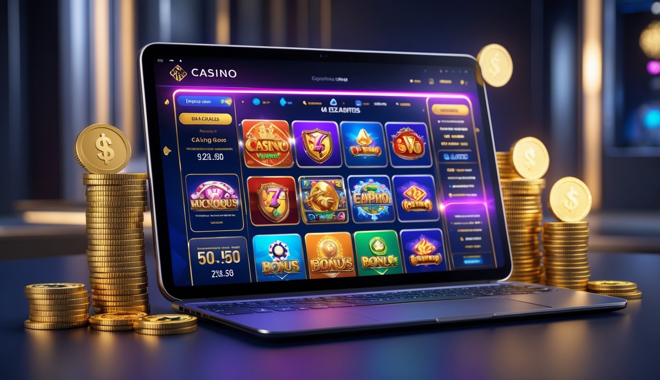 Suasana kasino online dengan perangkat digital yang menampilkan permainan dan simbol bonus kasino.