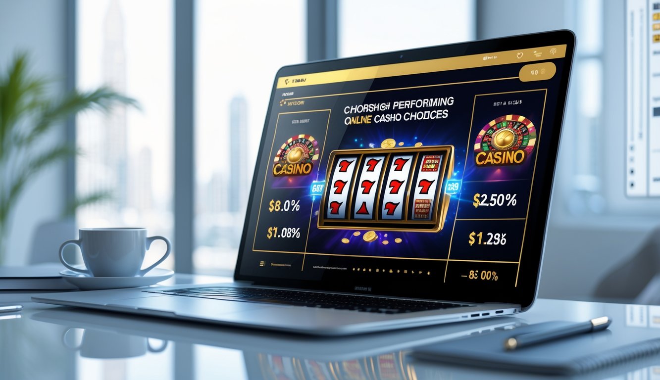 Seorang pengguna sedang melihat layar laptop yang menampilkan permainan kasino online dengan grafik berwarna-warni di meja kerja yang rapi.