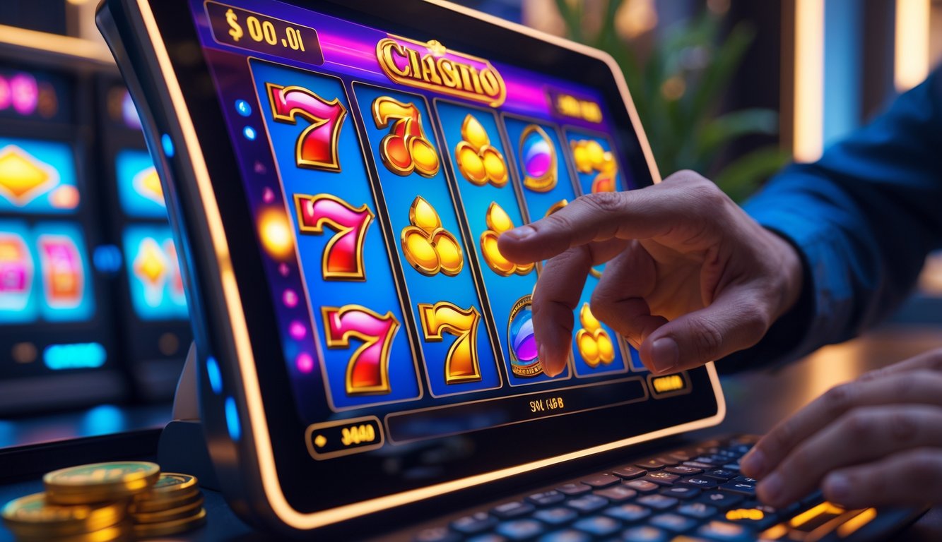 Seorang pemain menggunakan layar sentuh untuk bermain game slot online di lingkungan rumah yang nyaman dan modern.