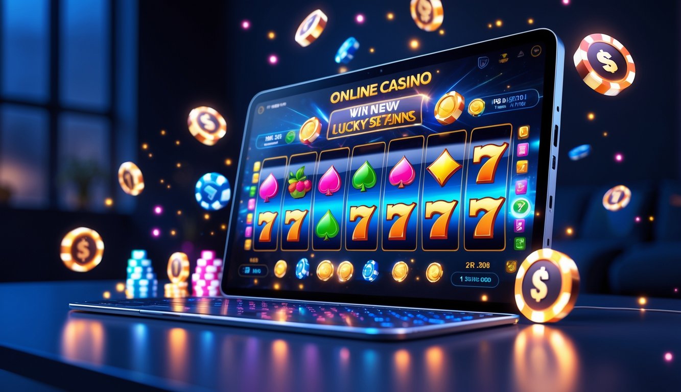 Sebuah layar komputer menampilkan permainan mesin slot online dengan simbol warna-warni di ruangan gelap dengan pencahayaan ambient.