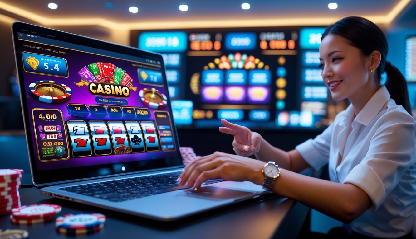 Seorang pemain yang fokus menggunakan komputer dengan tampilan permainan kasino online yang berwarna-warni di ruangan yang terang dan modern.